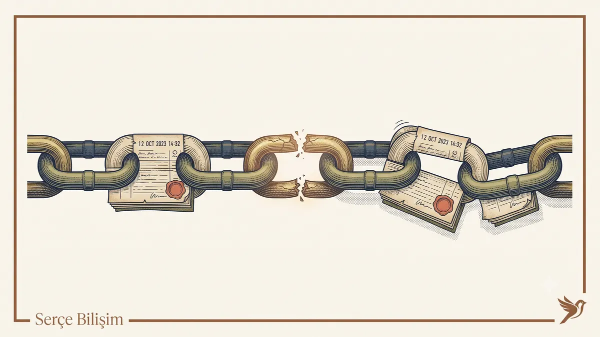 5651 log kayıtlarında tamper-proof hash zincirleme yöntemini gösteren illüstrasyon: bir kayıt değiştirilince zincir kırılıyor