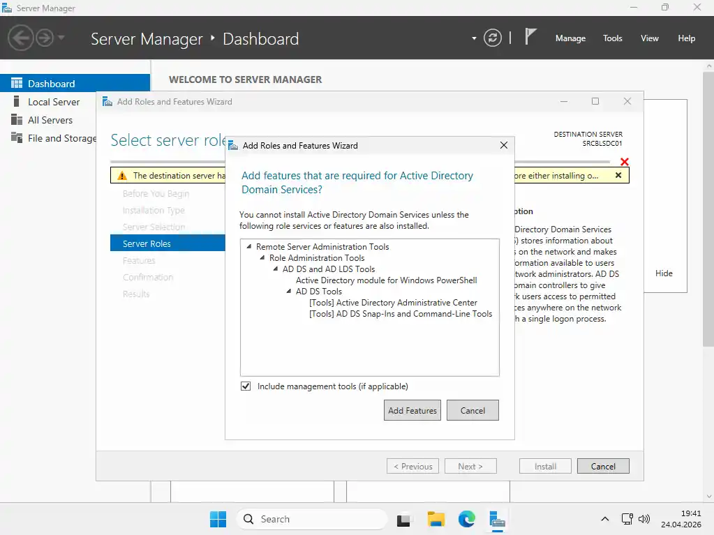 Active Directory Domain Services bağımlılık onayı: Add features that are required for Active Directory Domain Services dialog kutusu