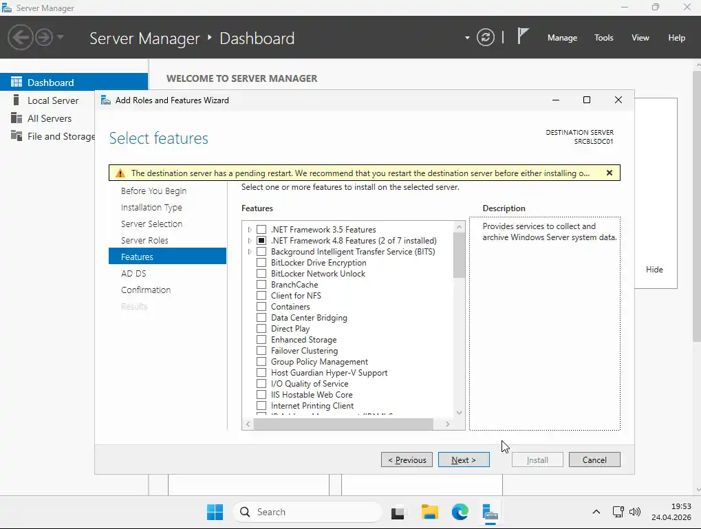 Windows Server 2025 Add Roles and Features sihirbazı Features ekranı: .NET Framework ve Windows Defender Antivirus varsayılan olarak seçili