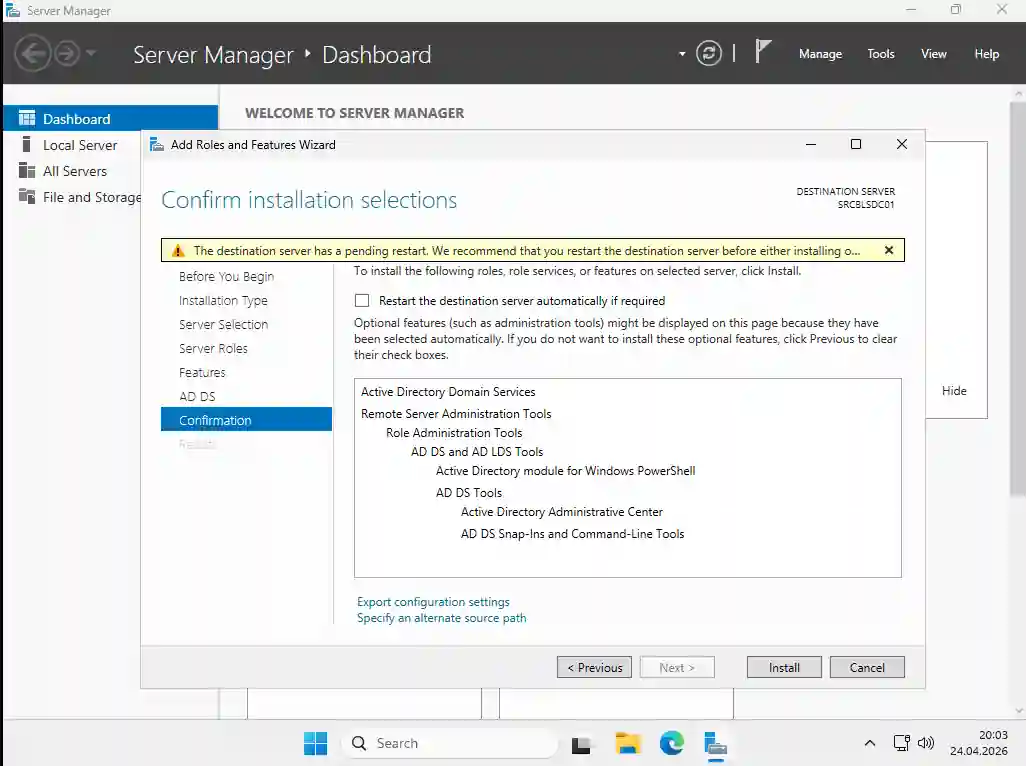Active Directory Domain Services kurulum onayı: Confirm Installation Selections ekranı, yüklenecek rol ve özellikler listesi