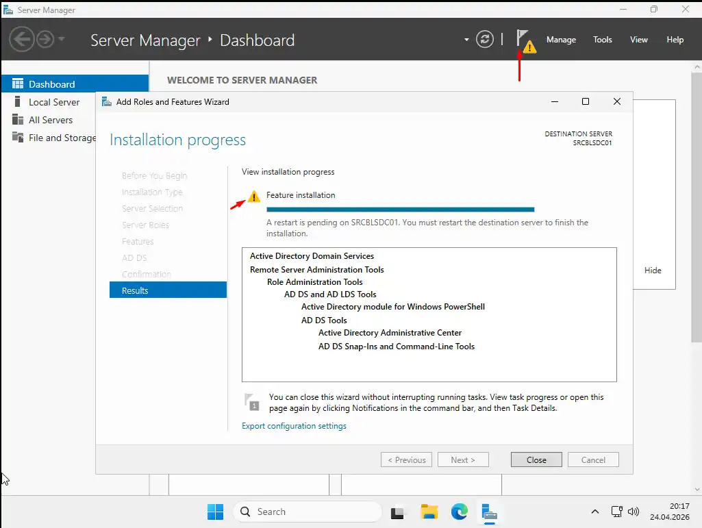 Windows Server 2025 Add Roles and Features sihirbazı kurulum tamamlandı ekranı: sarı ünlem ikonu ve Configuration required uyarısı
