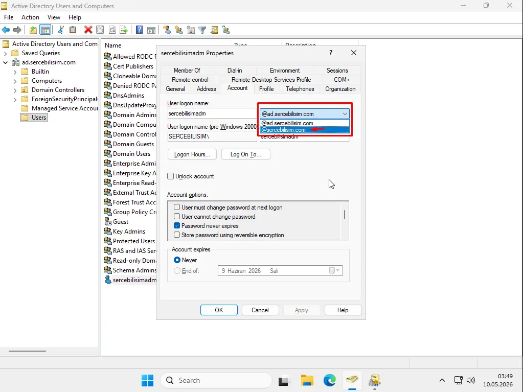 Active Directory Users and Computers sercebilisimadm hesabı Account sekmesi: User logon name alanında @sercebilisim.com suffix kırmızı okla işaretli