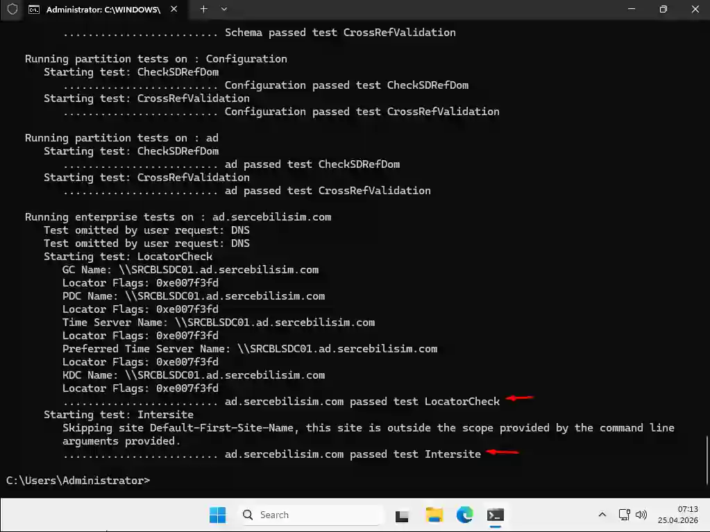 CMD ekranında dcdiag /v çıktısı: test sonuçları passed ibaresiyle listeleniyor