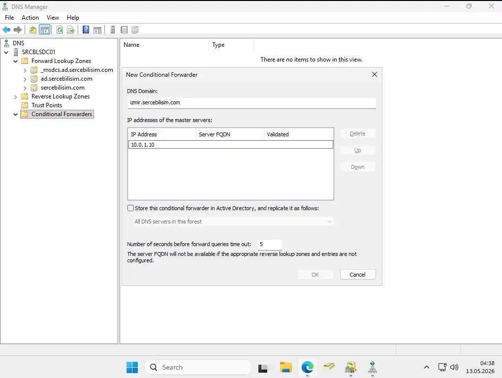 New Conditional Forwarder penceresi: IP adresleri listesinde 10.0.1.10 eklenmiş