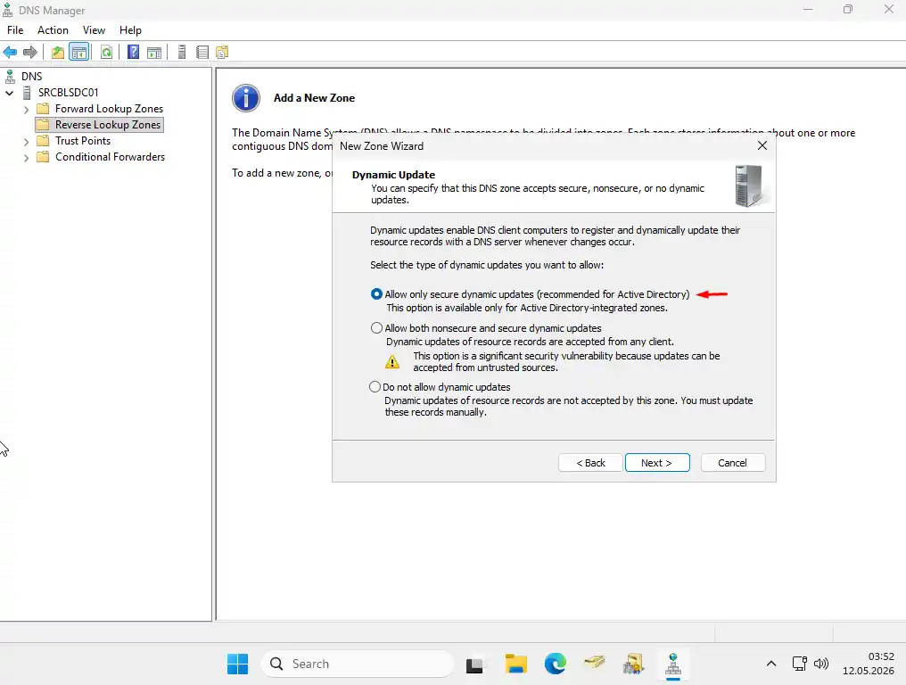 New Zone Wizard Dynamic Update ekranı: Allow only secure dynamic updates seçili