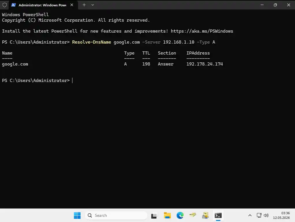 PowerShell ekranında Resolve-DnsName google.com çıktısı: Name google.com, Type A, Google IP adresleri listeleniyor