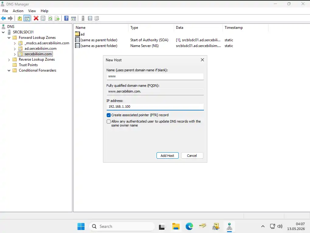 New Host ekranı: Name alanında www, IP Address alanında 192.168.1.100 yazılı, Create associated pointer (PTR) record işaretli, Allow any authenticated user seçeneği işaretlenmemiş
