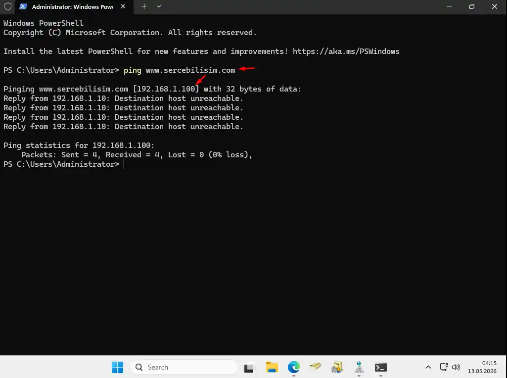 CMD ekranında ping www.sercebilisim.com çıktısı: 192.168.1.100 adresine çözümleniyor, ping cevabı gelmiyor
