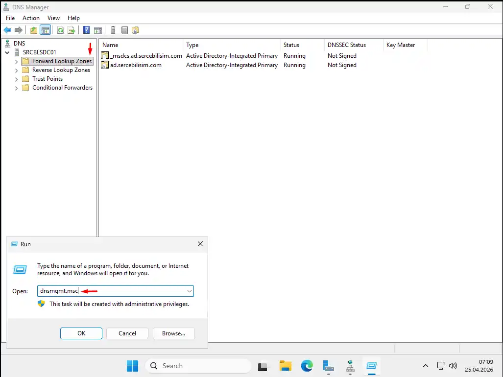 Win+R ile dnsmgmt.msc komutu ve arka planda DNS Manager Forward Lookup Zones: ad.sercebilisim.com ve _msdcs.ad.sercebilisim.com zone'ları Running durumunda