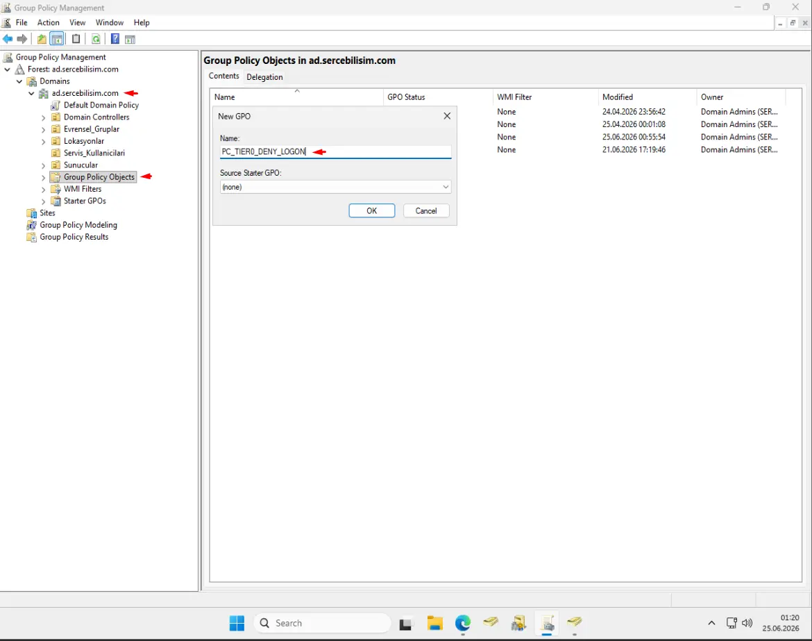 GPMC'de Group Policy Objects altında New GPO penceresinde 'PC_TIER0_DENY_LOGON' adının yazılması, kırmızı okla işaretlenmiş