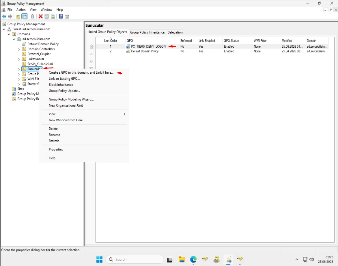 GPMC'de Sunucular OU'sunun Linked Group Policy Objects sekmesinde PC_TIER0_DENY_LOGON GPO'sunun Link Order 1 olarak listelenmiş hali