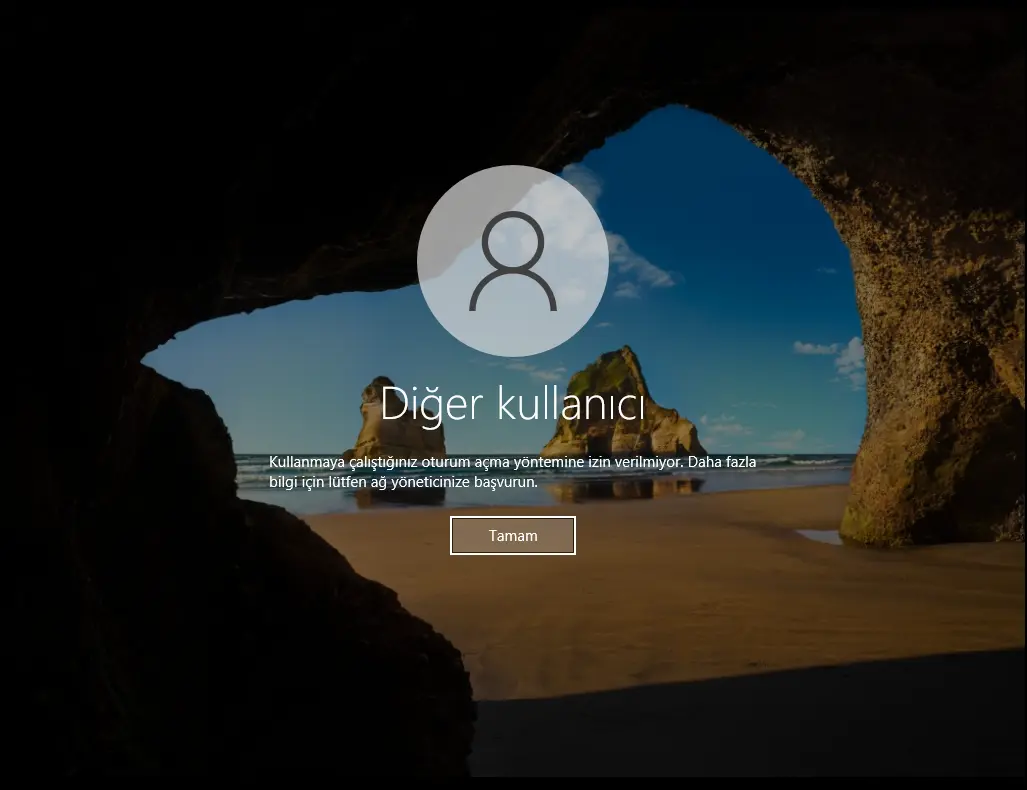 Windows oturum açma ekranında 'Kullanmaya çalıştığınız oturum açma yöntemine izin verilmiyor' hata mesajı, Tier 0 hesabının Tier 2 makinesinde reddedildiğini gösteriyor