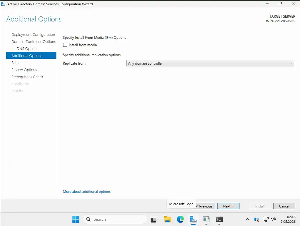 Active Directory promotion Additional Options ekranı ikinci DC için: Replicate from alanında Any Domain Controller seçili
