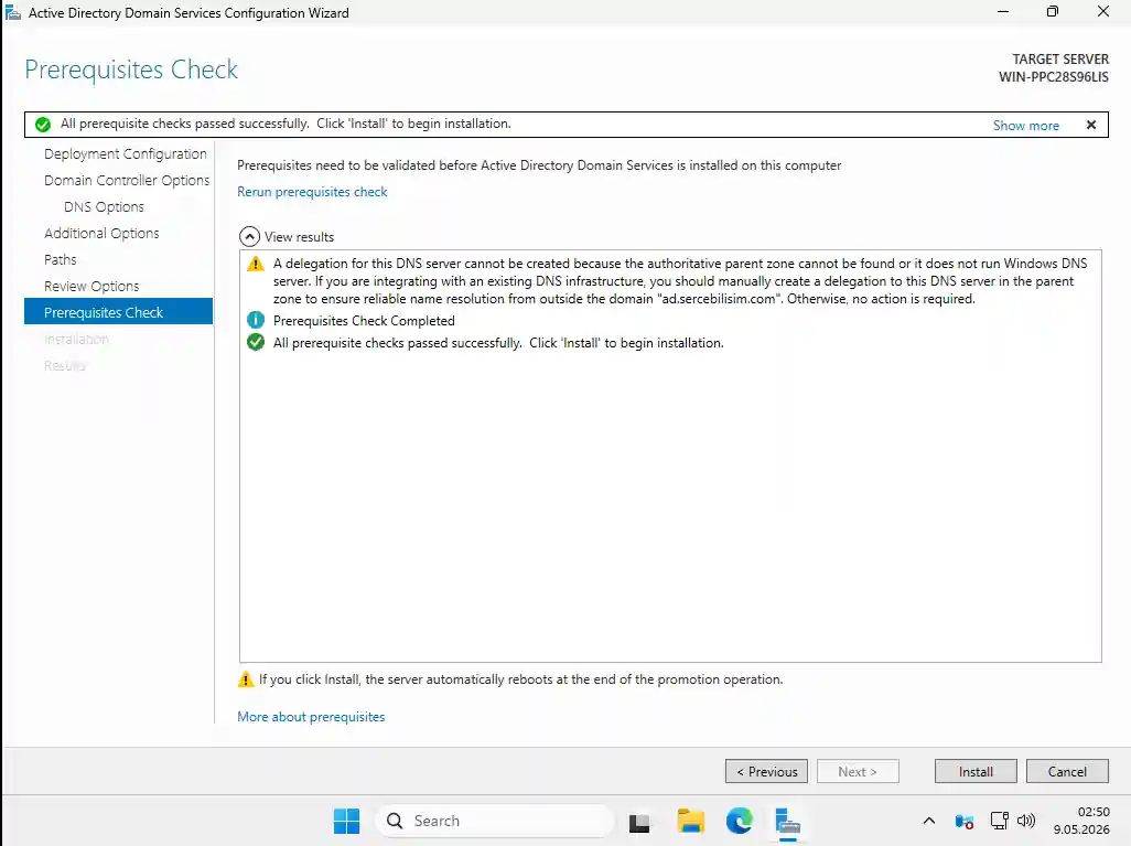 Active Directory ikinci DC promotion Prerequisites Check ekranı: All prerequisite checks passed successfully mesajı ve DNS delegation uyarısı