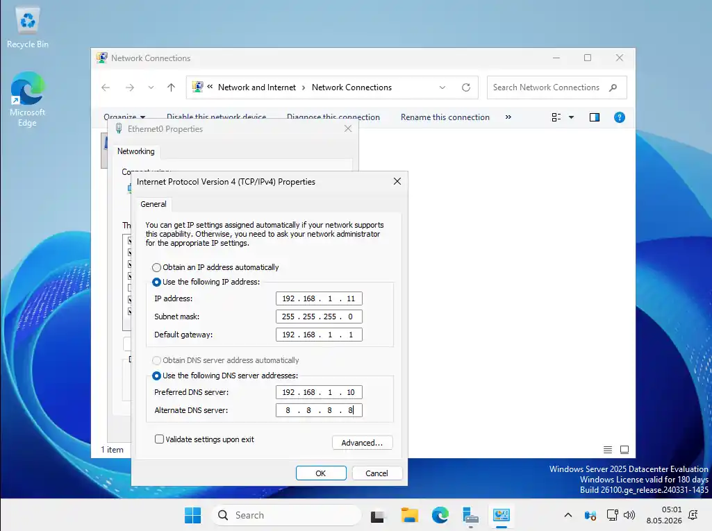 İkinci Domain Controller ncpa.cpl IPv4 ayarları: IP 192.168.1.11, primary DNS 192.168.1.10 (birinci DC), secondary DNS 8.8.8.8