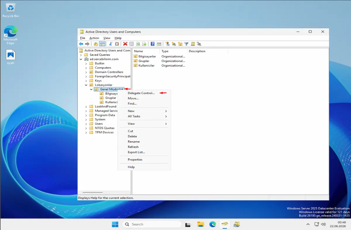 Active Directory Kullanıcılar ve Bilgisayarlar konsolunda bir OU'ya sağ tıklanıp 'Delegate Control...' seçeneğinin işaretlenmesi: Delegation of Control Wizard'ın başlatılma adımı.