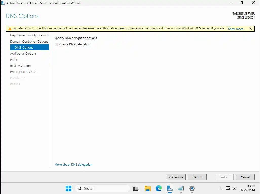 Active Directory promotion DNS Options ekranı: DNS delegation oluşturma seçeneği ve uyarı mesajı