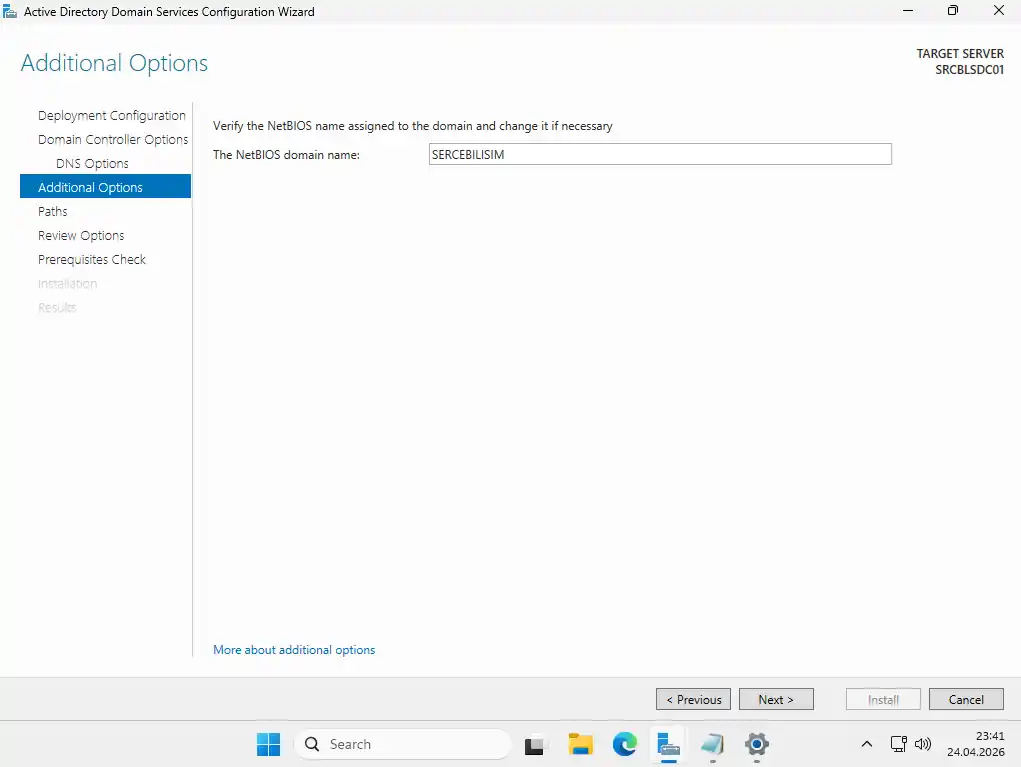 Active Directory promotion Additional Options ekranı: The NetBIOS domain name alanında SERCEBILISIM yazılmış