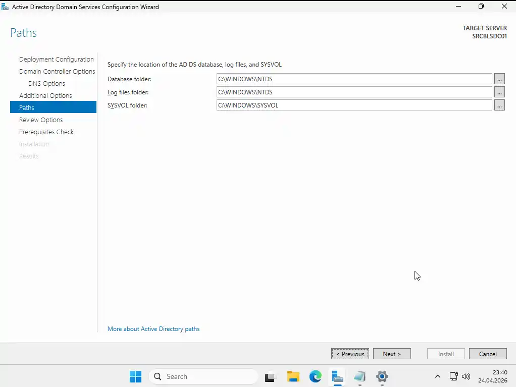 Active Directory promotion Paths ekranı: Database folder, Log files folder ve SYSVOL folder yolları