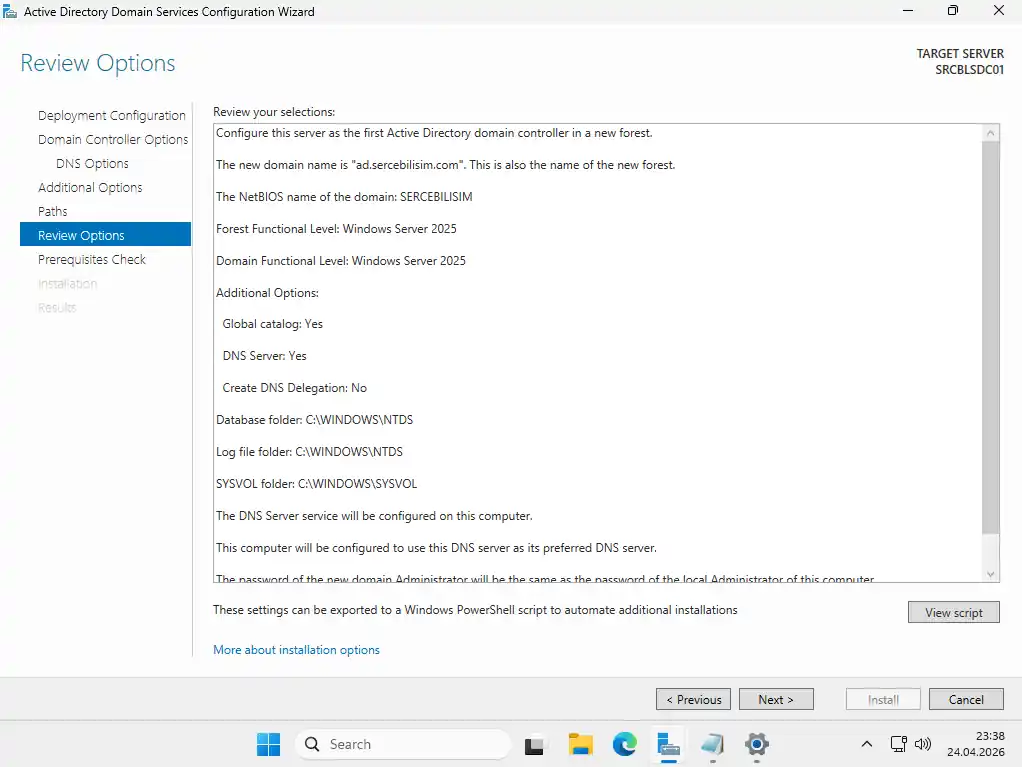 Active Directory promotion Review Options ekranı: domain adı, functional level, DNS, NetBIOS ve path ayarlarının özeti