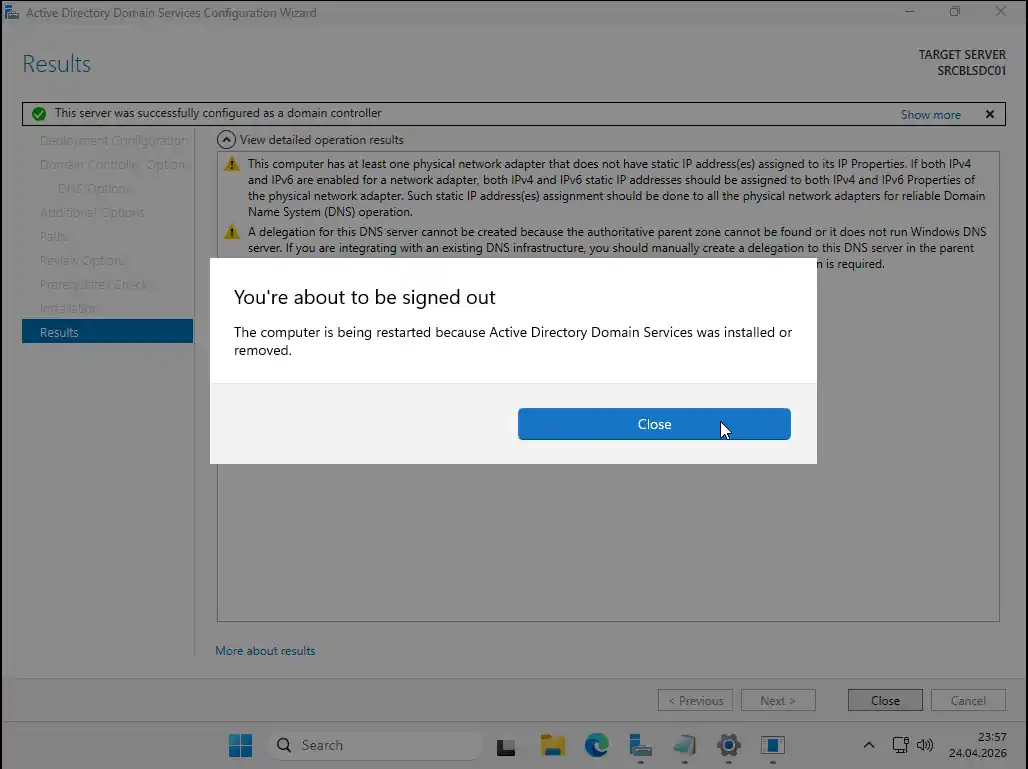 Active Directory Domain Services Configuration Wizard kurulum ilerleme ekranı: Operation completed successfully mesajı ve otomatik yeniden başlatma sayacı