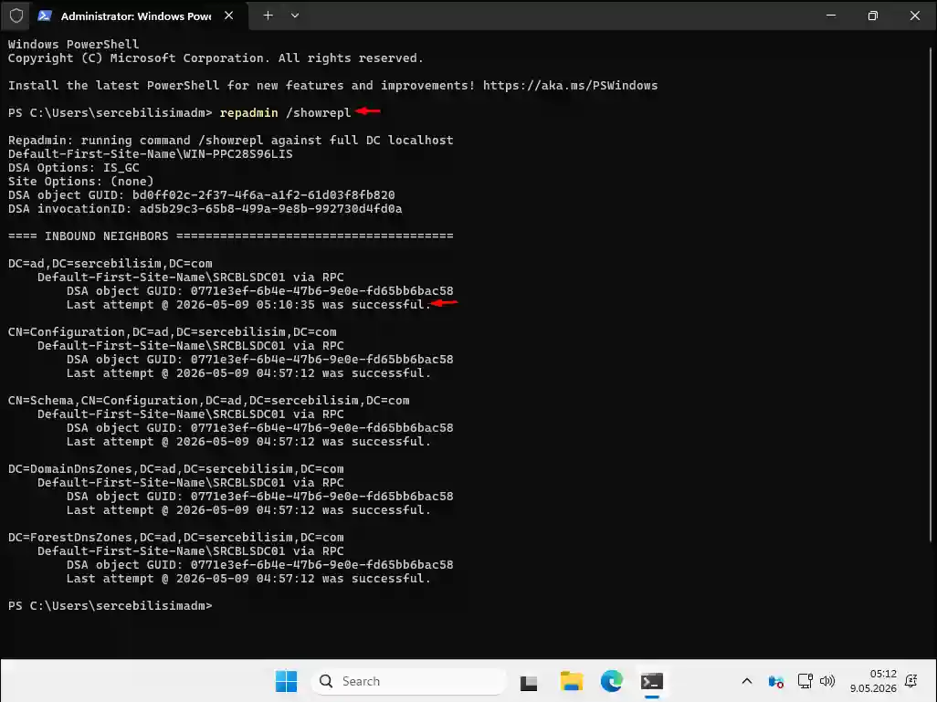 CMD ekranında repadmin /showrepl çıktısı: iki DC arasında replication durumu, Last attempt successful mesajları