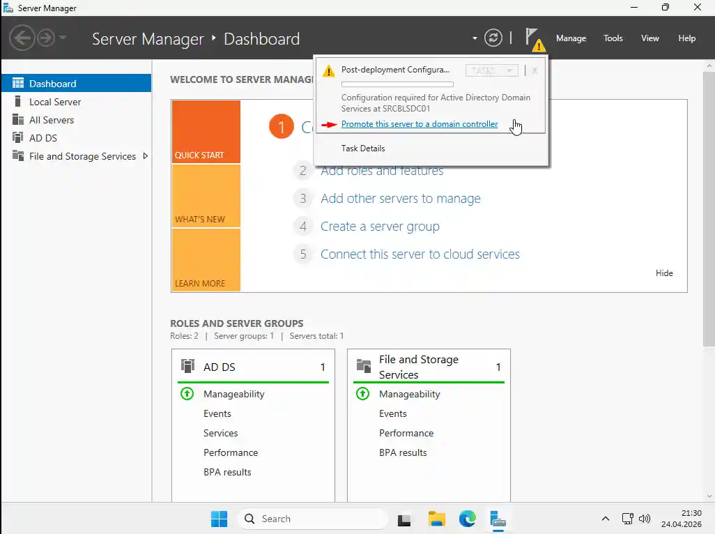 Windows Server 2025 Server Manager Dashboard: sarı bayrak altında Promote this server to a domain controller bağlantısı kırmızı okla işaretli