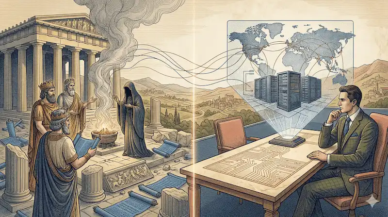 Serçe Bilişim - Antik çağ kahinleri ve modern CEO'nun dijital dönüşüm verilerini karşılaştıran sanatsal illüstrasyon