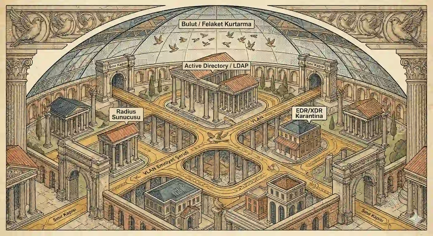 Serçe Bilişim IT altyapı mimarisini temsil eden antik şehir illüstrasyonu, ağ sütunları ve bulut koruması