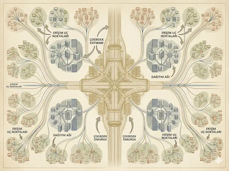 Core, Distribution ve Access katmanlarını gösteren hiyerarşik network tasarım şeması