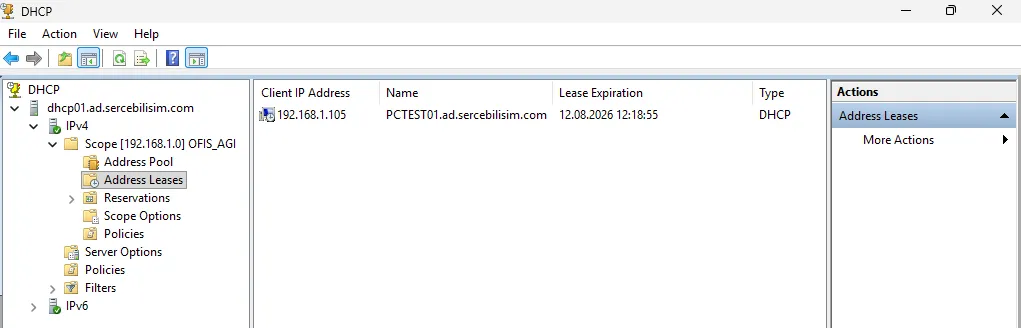 Address Leases listesinde domain üyesi bir istemcinin aldığı IP adresi ve kira bitiş tarihi