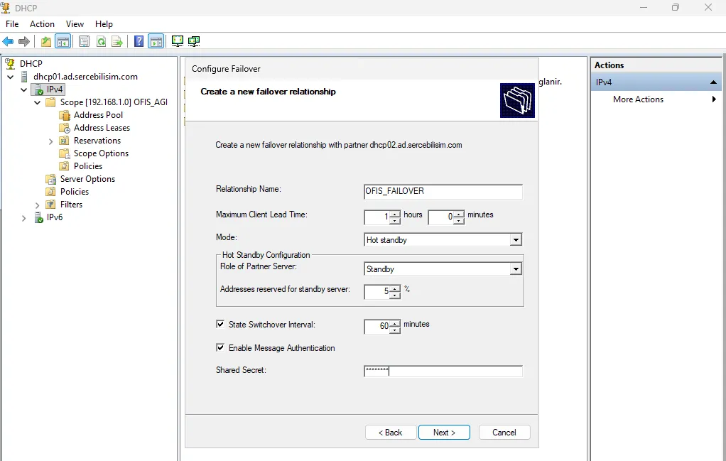 Configure Failover sihirbazında ilişki adı, Hot standby modu, MCLT ve paylaşılan parola alanları