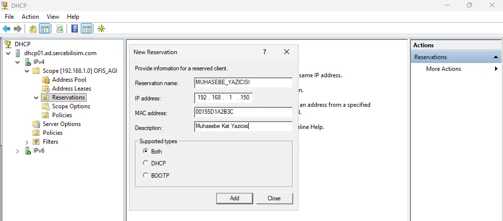 New Reservation penceresinde rezervasyon adı, IP adresi ve MAC adresi doldurulmuş