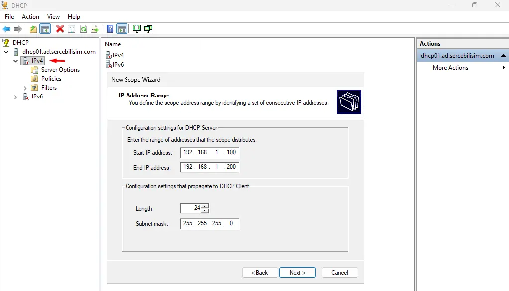 New Scope sihirbazının IP Address Range adımı: başlangıç ve bitiş adresi ile subnet mask girilmiş
