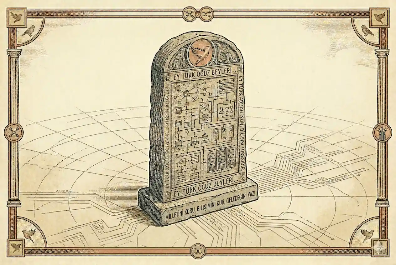 Bilişim töresi ve kurumsal dokümantasyonu temsil eden, üzerinde ağ haritaları olan Orhun Yazıtı dikilitaşı