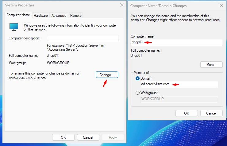 System Properties ve Computer Name/Domain Changes diyalogları, katılım öncesi WORKGROUP durumuyla