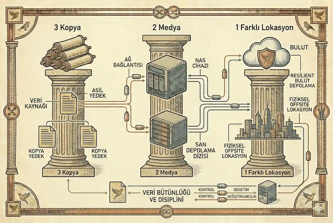 Veri koruma ve felaket kurtarma stratejisi olan 3-2-1 yedekleme kuralı şeması