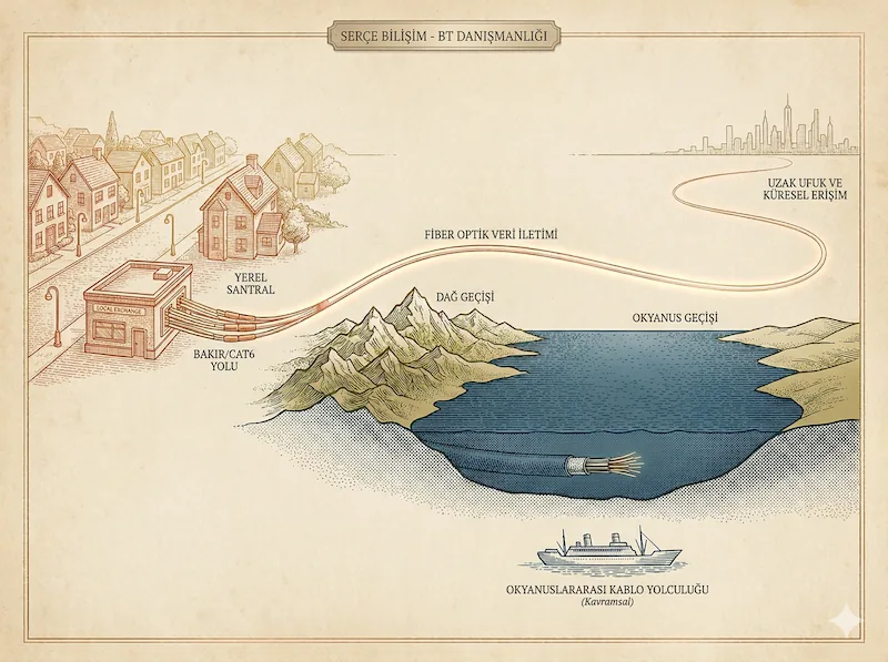 Bakır CAT6 ve Fiber Optik kablolama arasındaki mesafe ve hız farkını temsil eden panoramik çizim