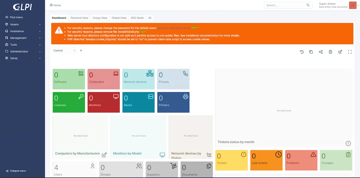 GLPI ana ekran güvenlik uyarıları — install.php ve varsayılan şifre bildirimleri