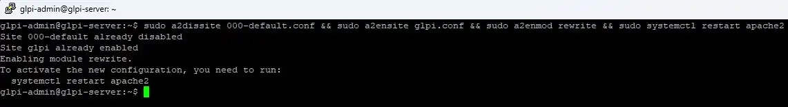 Serçe Bilişim GLPI rehberi; Apache üzerinde varsayılan sitenin kapatılması, glpi.conf dosyasının aktif edilmesi, mod_rewrite modülünün açılması ve servisin yeniden başlatılması komut zinciri.