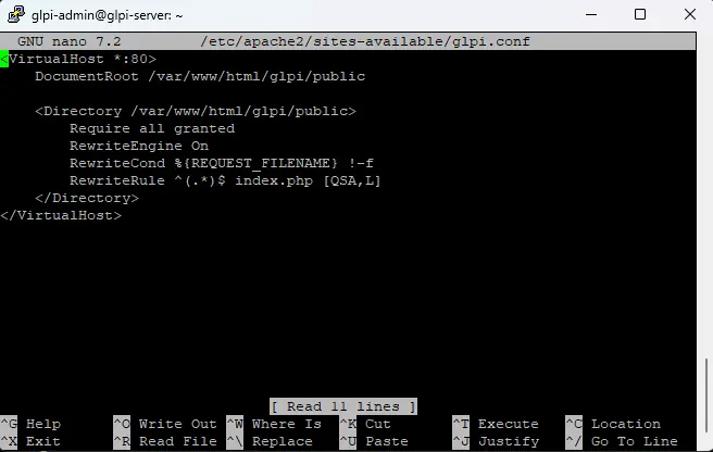 Serçe Bilişim GLPI rehberi; Ubuntu nano editörü ile /etc/apache2/sites-available/glpi.conf dosyasının oluşturulması ve VirtualHost DocumentRoot ayarlarının yapılması.