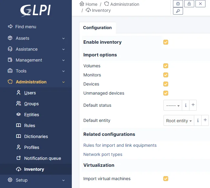 GLPI envanter etkinleştirme: Administration bölümündeki Inventory sayfasında 'Enable inventory' kutusunun işaretlenmesi.