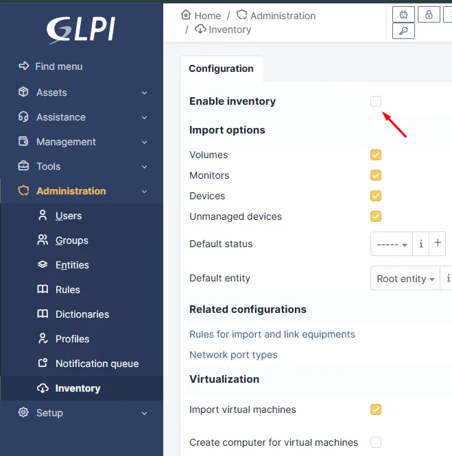 GLPI envanter ayarı kapalı: 'Enable inventory' kutusu işaretsizken agent verisi kaydedilmez.