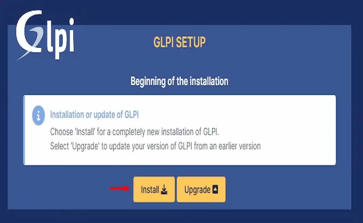 Serçe Bilişim GLPI rehberi; Kurulum sihirbazında yeni kurulum (Install) ve mevcut sürümü yükseltme (Update) seçeneklerinin yer aldığı seçim ekranı.