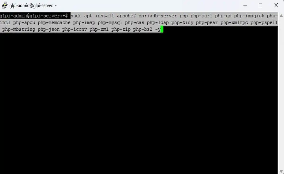 Serçe Bilişim GLPI yapılandırma rehberi; Ubuntu terminali üzerinde Apache2, MariaDB ve tüm gerekli PHP eklentilerinin (ldap, imap, apcu vb.) toplu kurulum komutu.