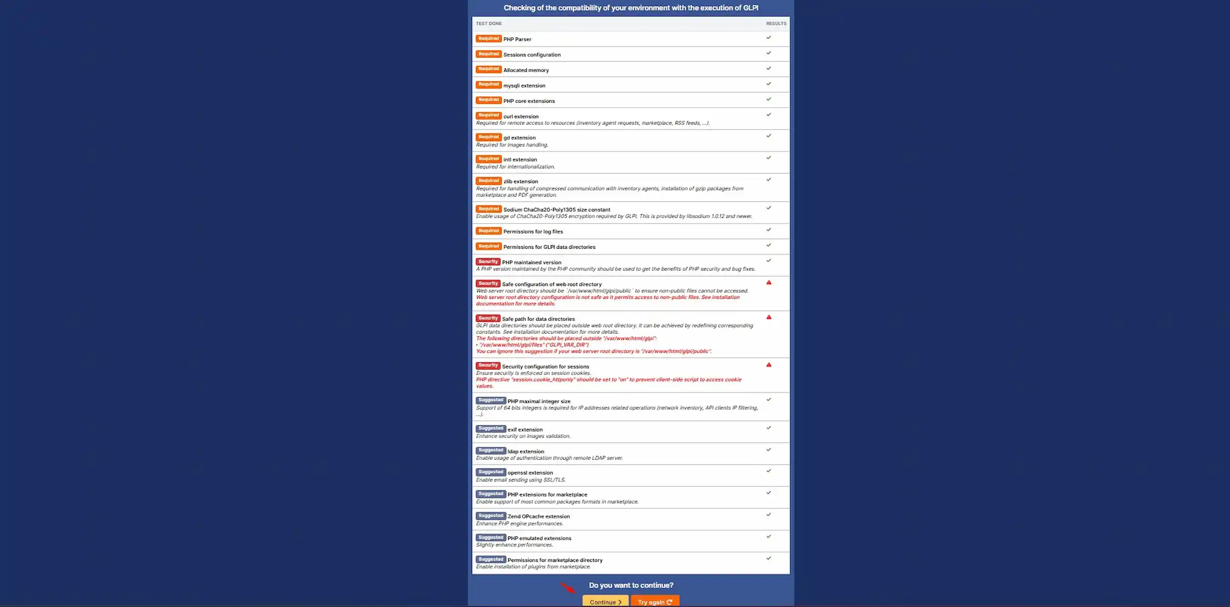 Serçe Bilişim GLPI rehberi; sistem gereksinimleri kontrol listesi ekranı. Zorunlu PHP eklentilerinin onaylandığı ve dizin güvenliği ile ilgili uyarıların yer aldığı tablo.