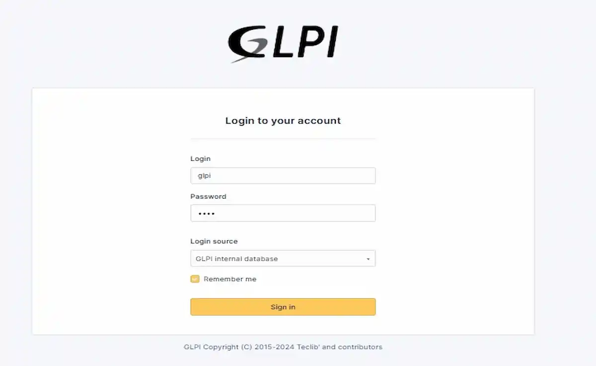 Serçe Bilişim GLPI rehberi; kurulum sonrası ilk giriş ekranı, kullanıcı adı ve şifre giriş alanlarının yer aldığı modern GLPI 10 arayüzü.
