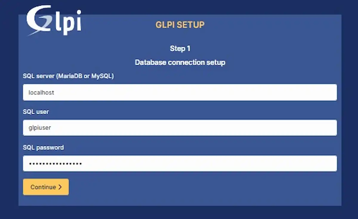 Serçe Bilişim GLPI yapılandırma rehberi; veritabanı bağlantı ekranı (Step 1), SQL sunucusu, kullanıcı adı ve şifre giriş alanları.