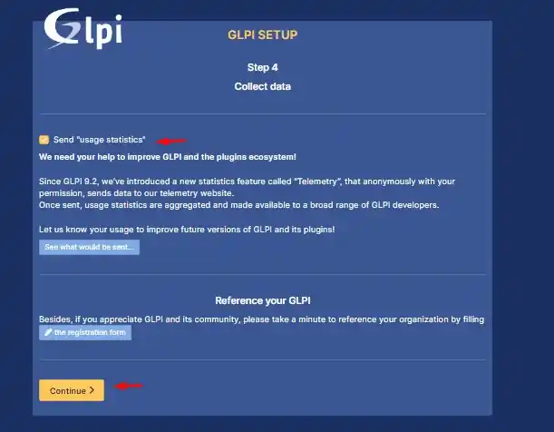 Serçe Bilişim GLPI rehberi; Veritabanı kurulumunun tamamlandığını belirten 521 tablo oluşturuldu mesajı ve kullanım istatistikleri (telemetri) paylaşım seçenekleri.