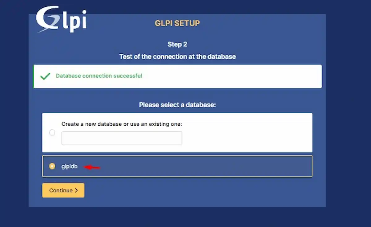 Serçe Bilişim GLPI rehberi; Step 2 - Veritabanı seçimi ekranı. Mevcut veritabanlarının listelenmesi ve kurulum yapılacak olan DB'nin seçilmesi.